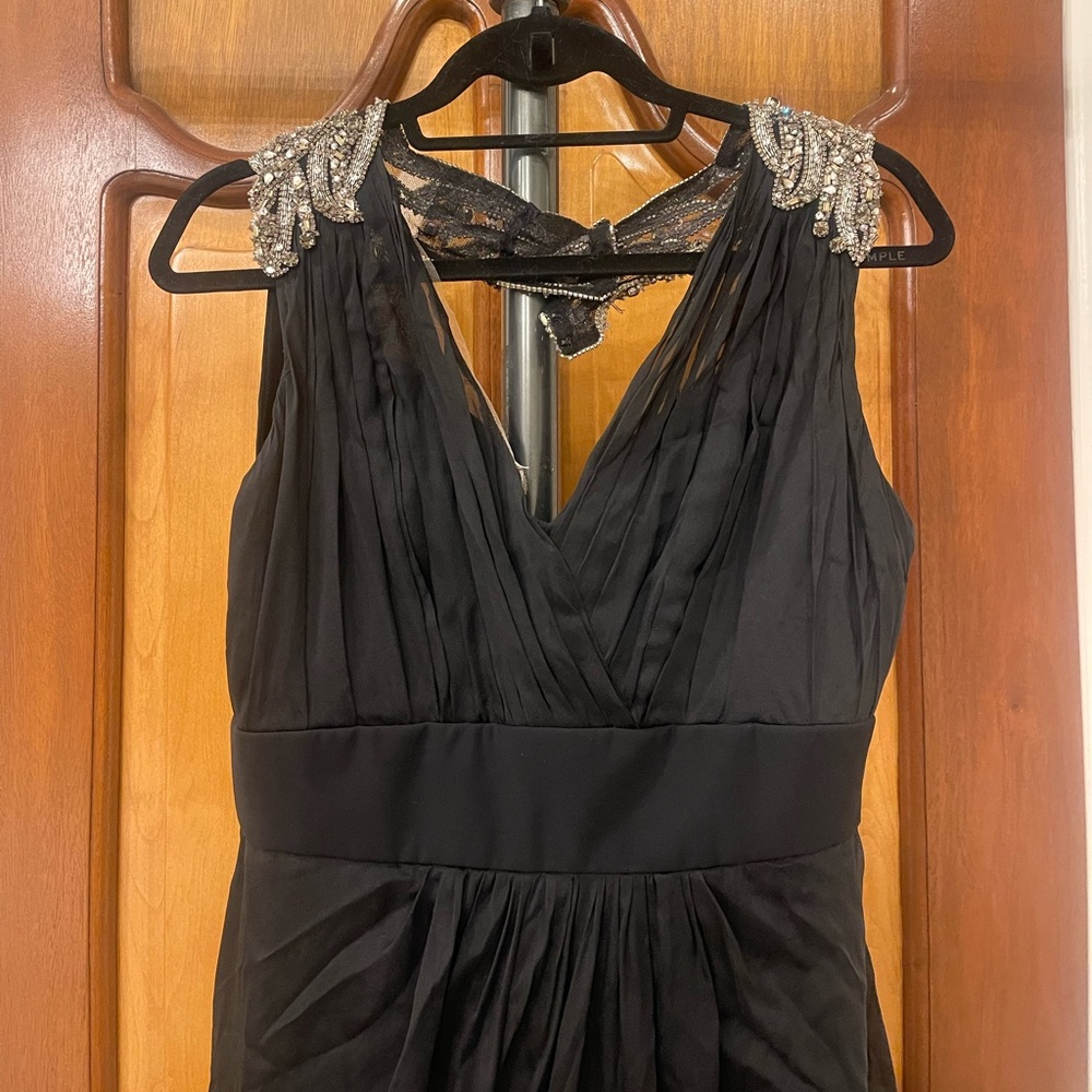 MONIQUE LHULLIER BLACK CHIFFON BEADED NECK BALL GOWN